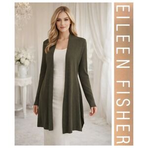 Eileen Fisher Olive Green Tencel Ribbed Open Front Cardigan Sweater S/P